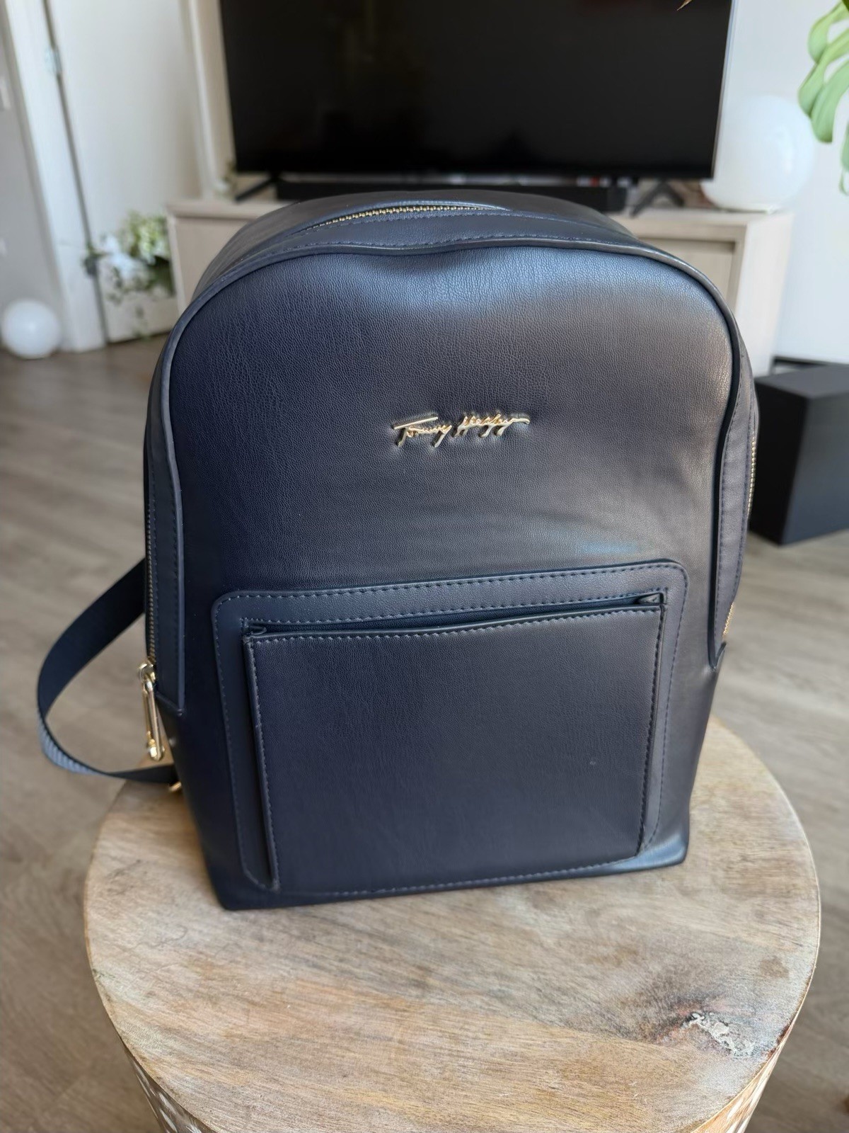 Tommy Hilfiger Navy Backpack Zip Front Pocket Gold Hardware Adjustable Straps
