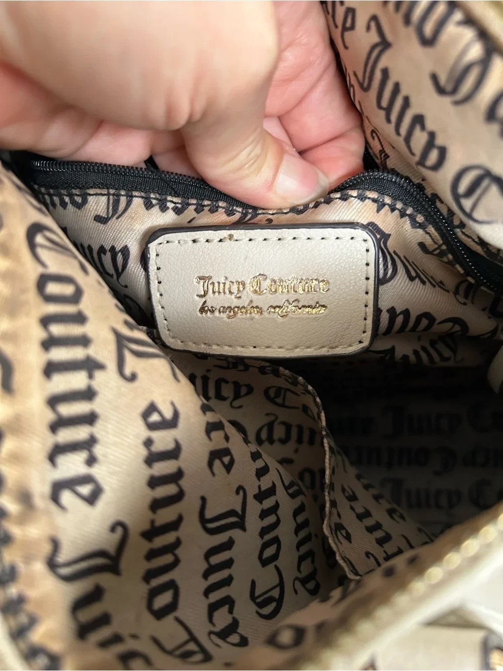 Juicy Couture Cream Embossed Charm Satchel with Chain Accents