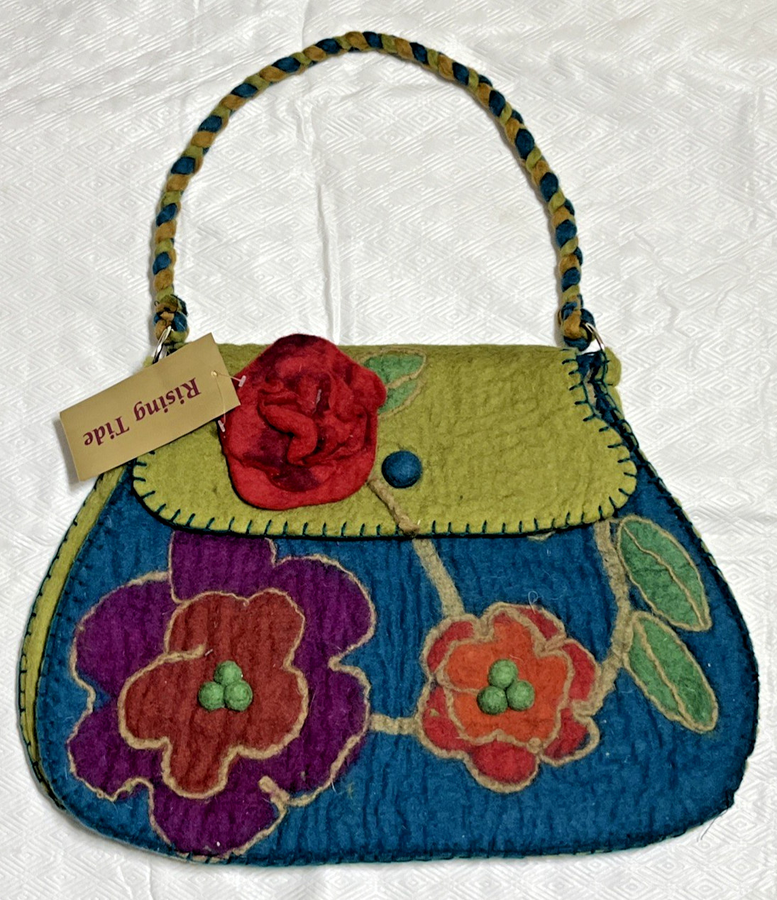 Rising Tide Felted Wool Shoulder Bag Purse Blue Green Floral Boho Nepal NWT