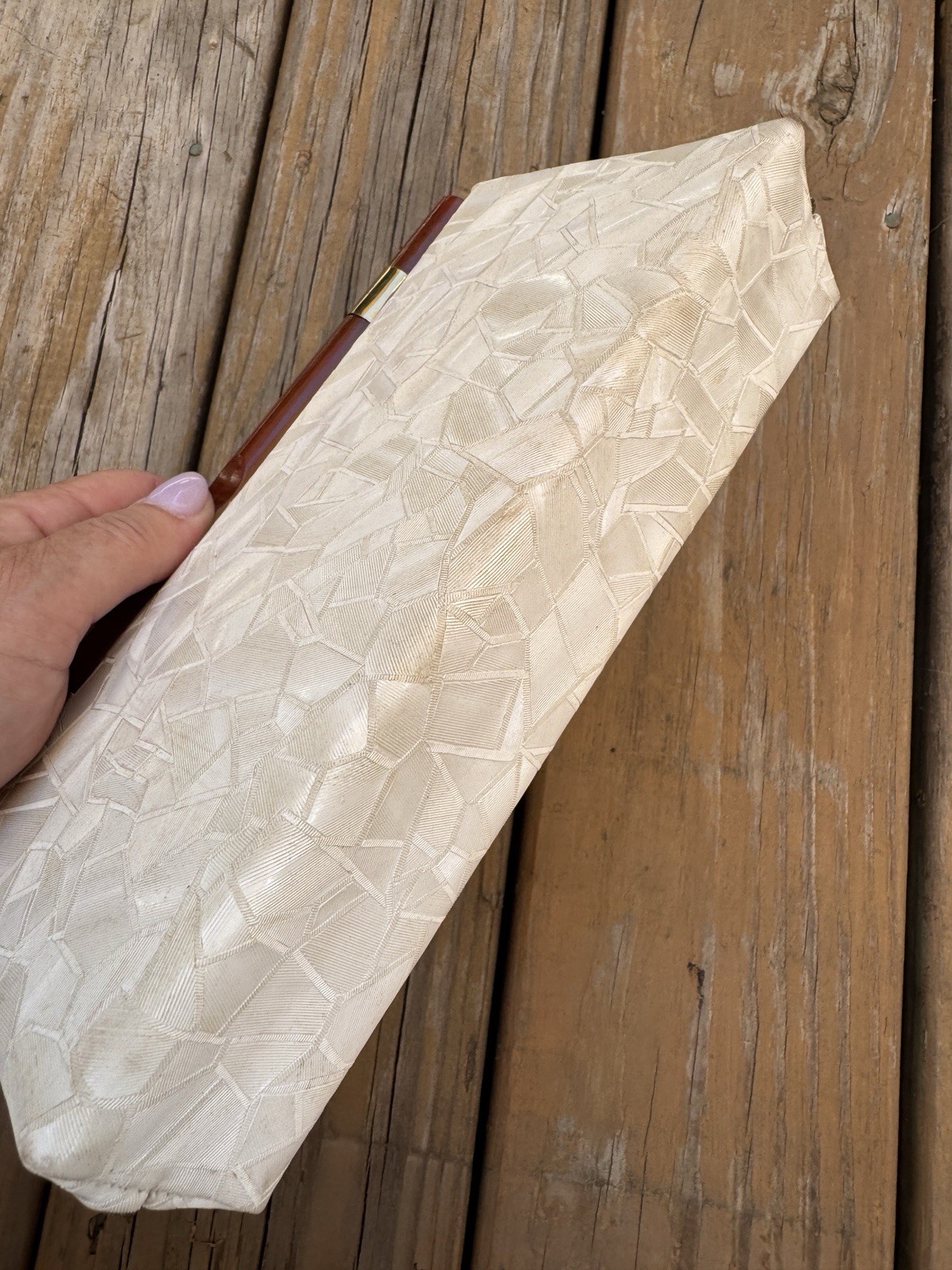 Vintage Ivory Vinyl Structured Clutch w/ Lucite Handle Dover USA Evening Bag