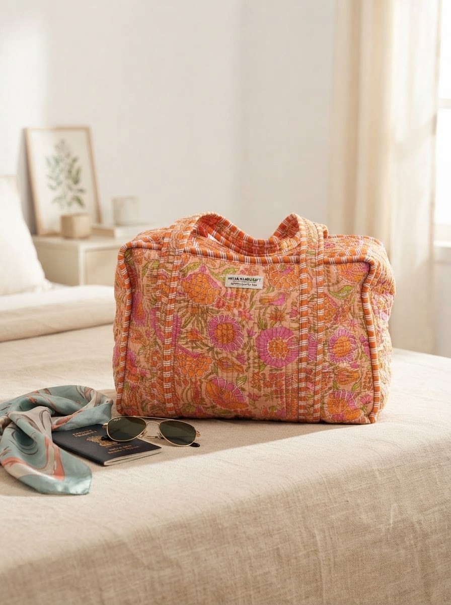 Vintage Kantha Quilted Duffle Bag Cotton Hand Block Print Travel Weekender Tote