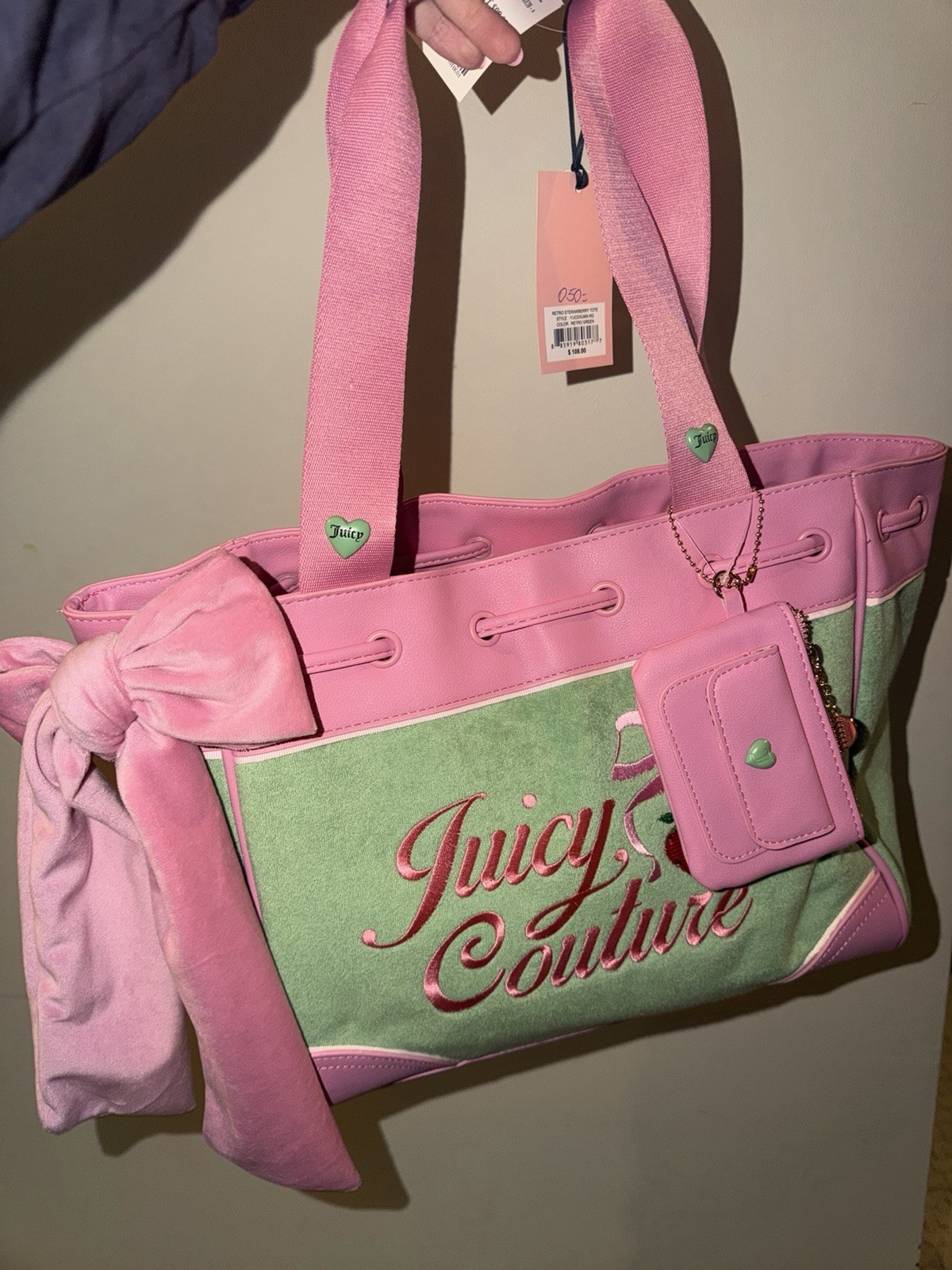 Juicy Couture Retro Strawberry Daydreamer Green Pink Bow Embroidered Coin Purse