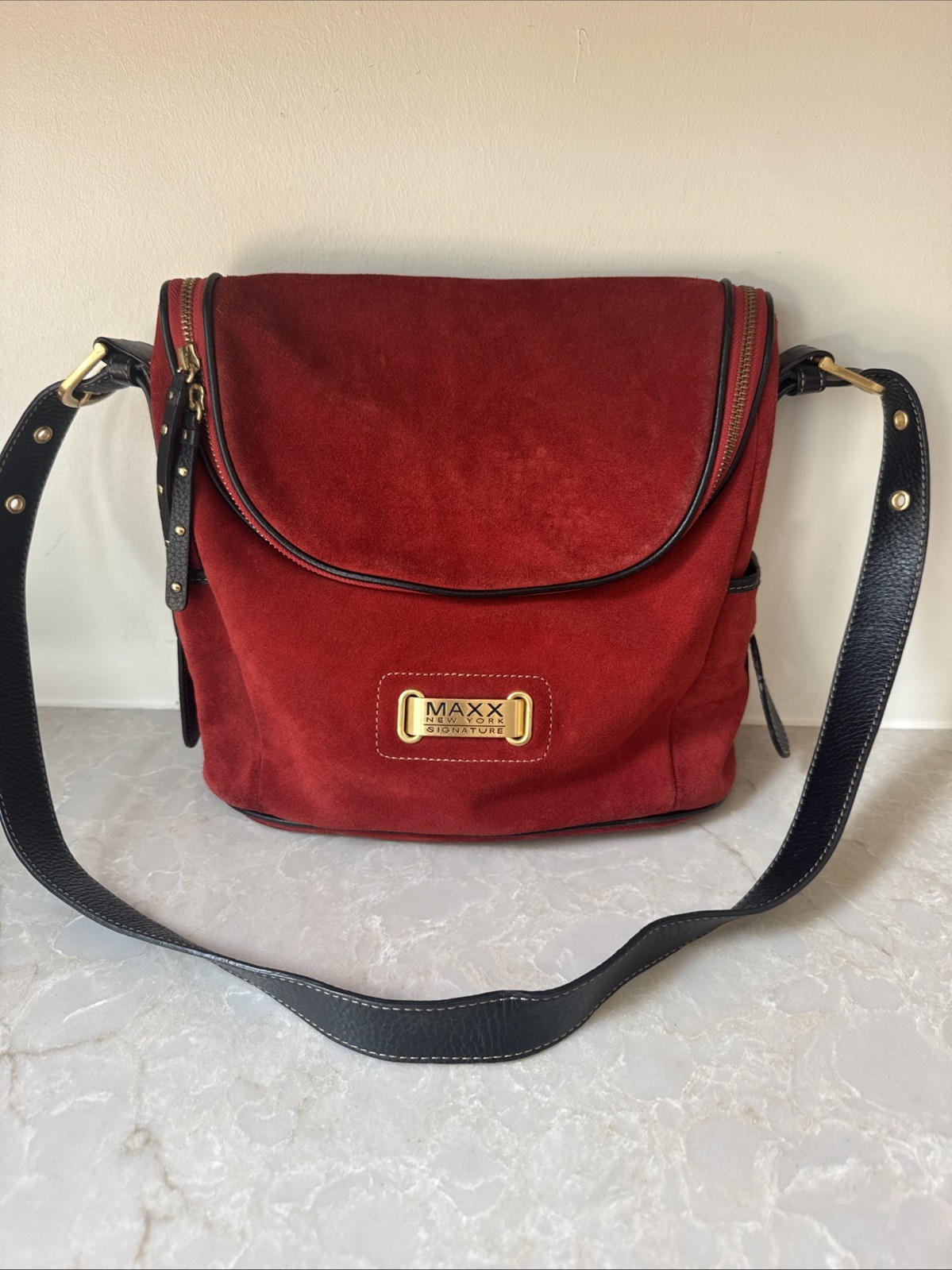 Maxx New York Signature Red Suede Leather Crossbody Bag Purse