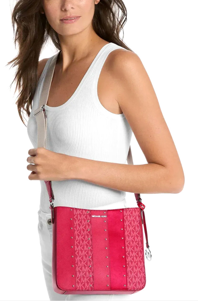❤️Michael Kors Jet Set Raspberry Red Small Studded Patchwork Logo Crossbody NWT