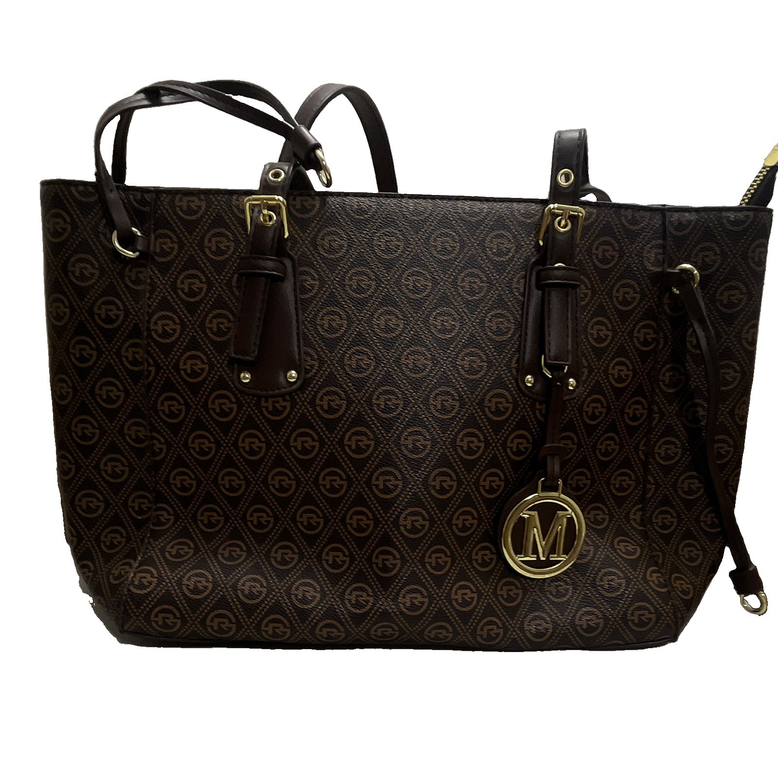 Michael Kors Brown Logo Tote Bag Zip, Inner Pockets, Bag Charm Gold Hardware