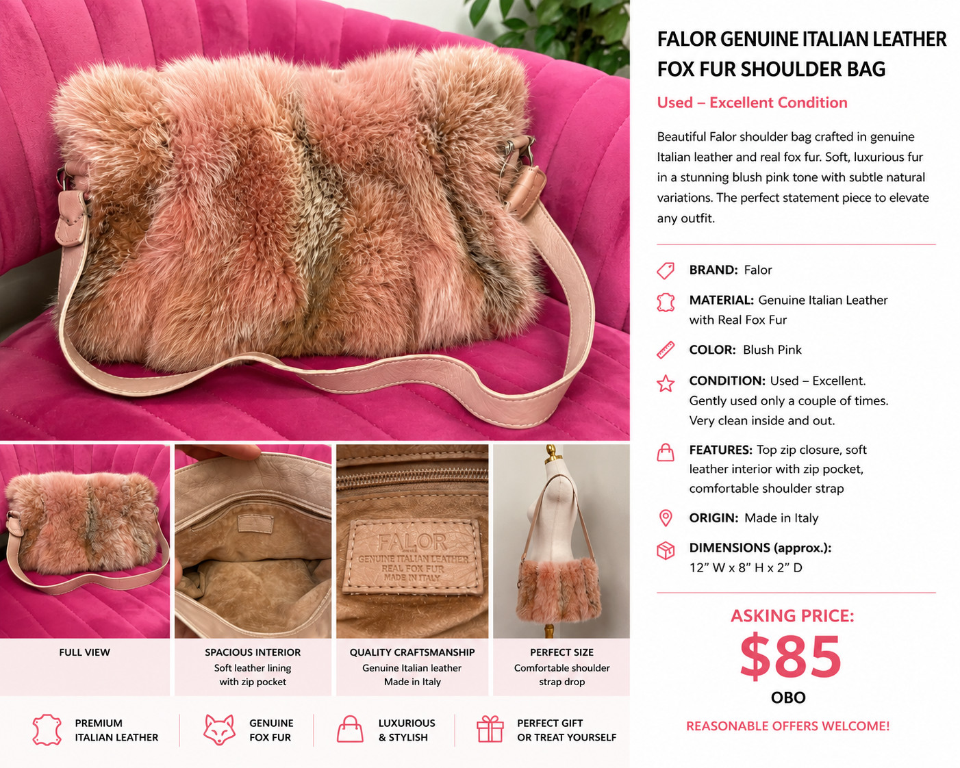 FALOR GENUINE ITALIAN LEATHER FOX FUR SHOULDER BAG