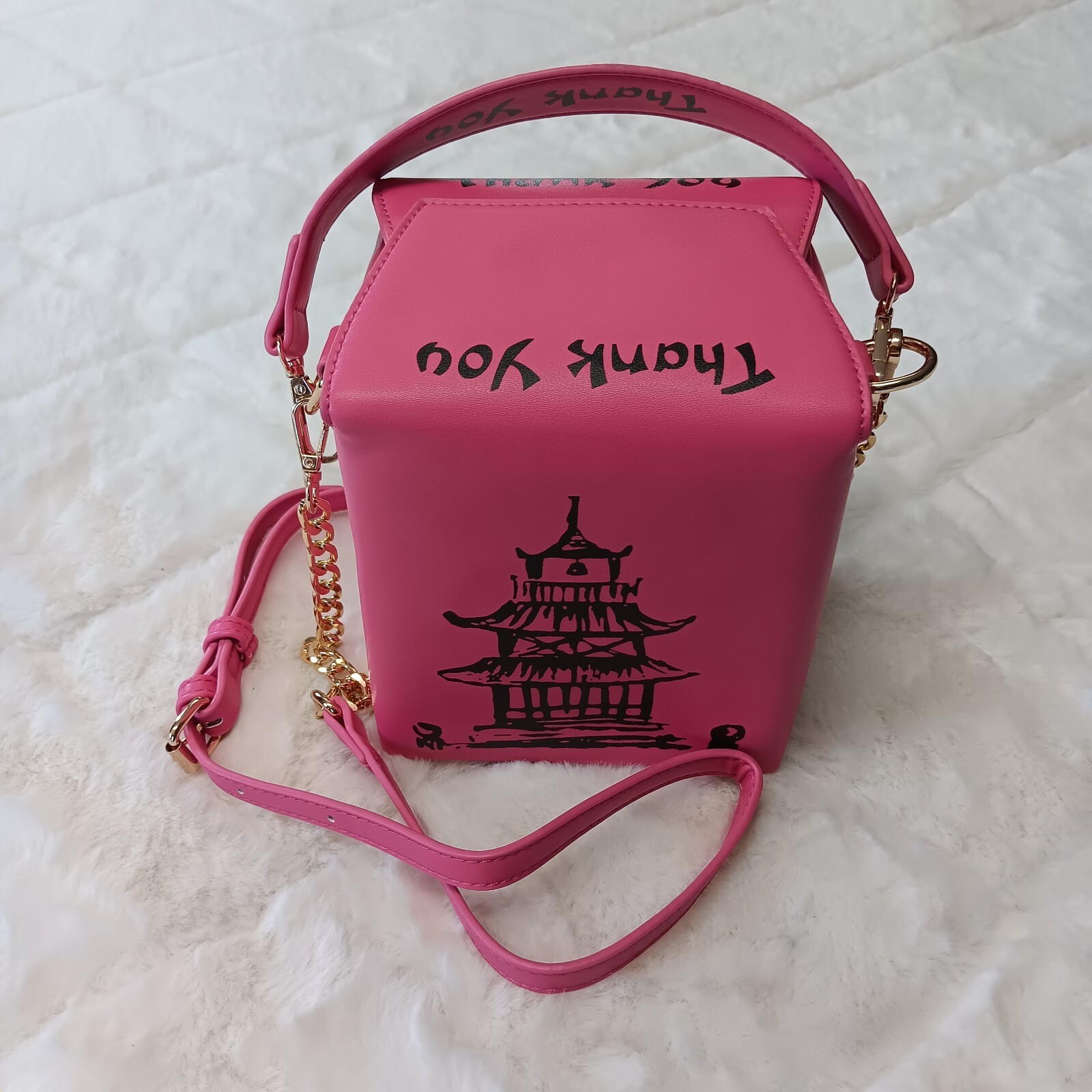 Pink Chinese Take Out Novelty Bag Adjustable Shoulder Strap & Clutch Attachment