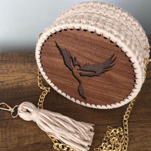 Handmade Crochet Round Bag Wooden Base Boho Chain Strap Shoulder Bag