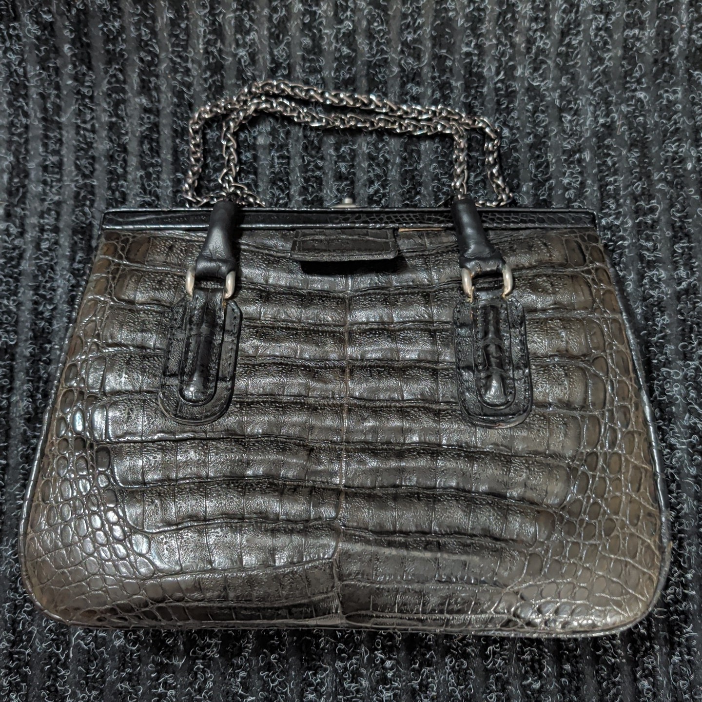 Vintage 50s Alligator Black Handbag Leather Possibly Bellestone Chain Straps