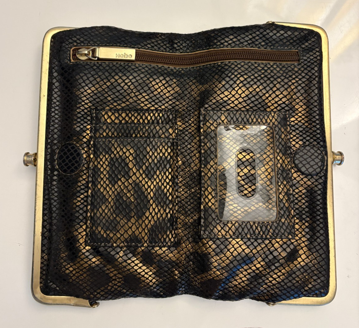 Hobo International tri fold brown snake embossed leather clutch wallet