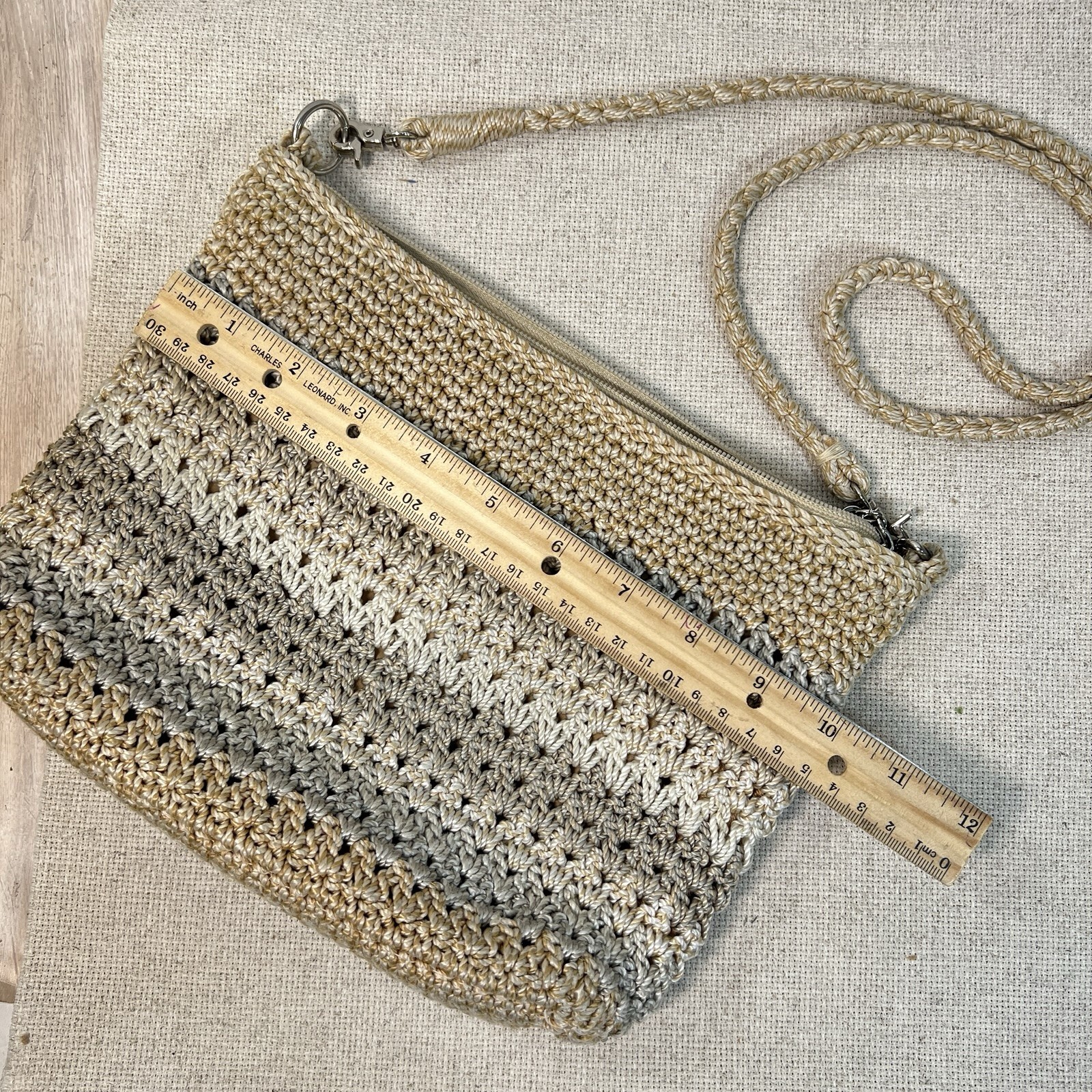 The Sak Tan Woven Crochet Shoulder Bag Purse Zip Top Lined Pockets Charm Boho