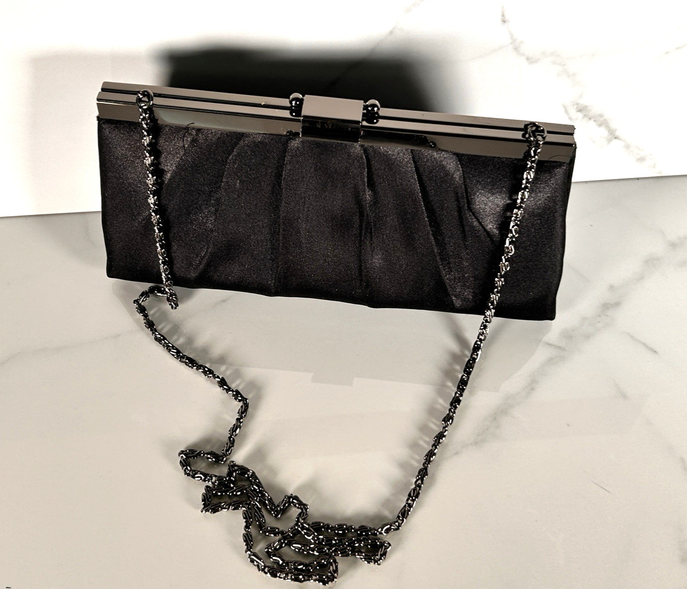 gunne sax by Jessica McClintock black pleated satin frame evening clutch