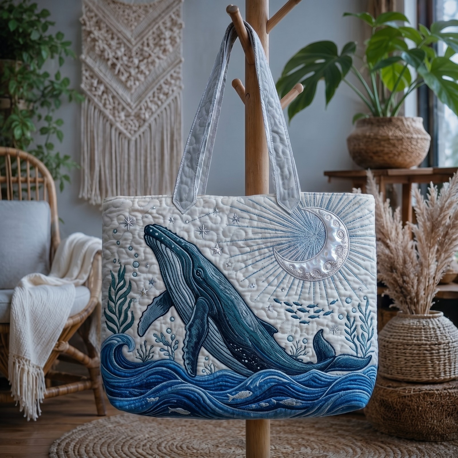 Whale and Sky Quilted Tote Bag, Ocean Theme Embroidered Carryall, Nature Gift