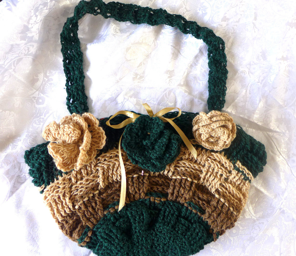 Womens Bag Handmade Crocheted Acrylic Wool With Flowers 12×20 inch Pocket Inside