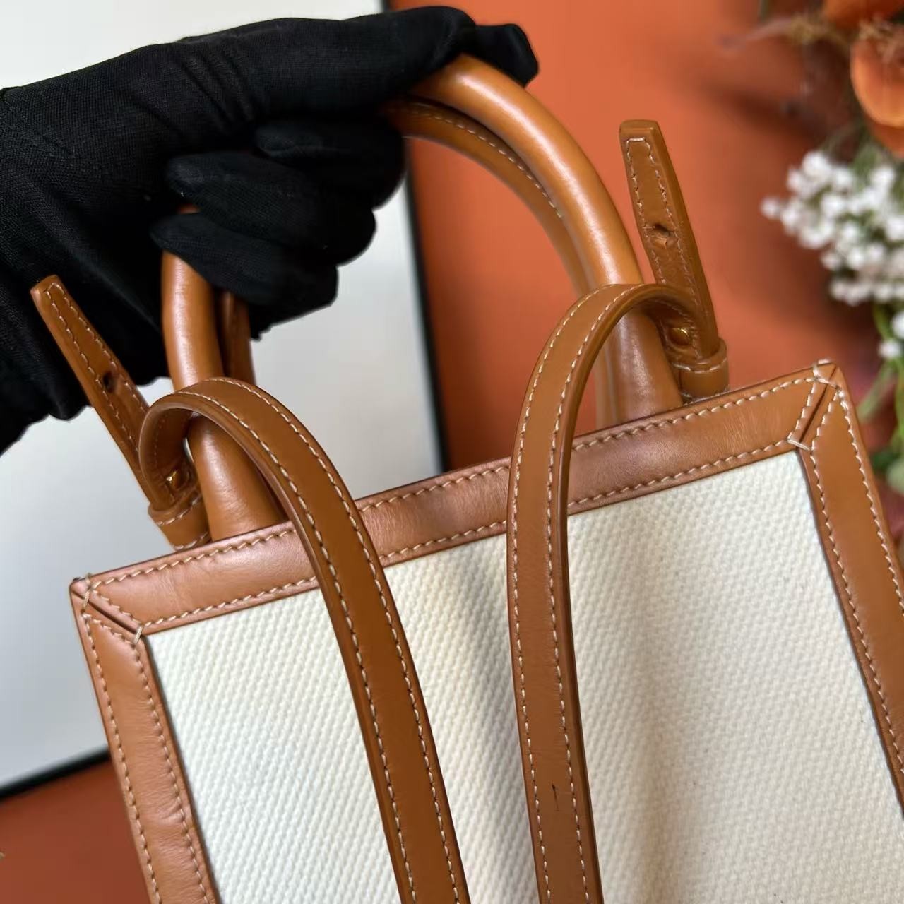 Celine Vertical Cabas Canvas Brown Leather Trim Tote Handbag