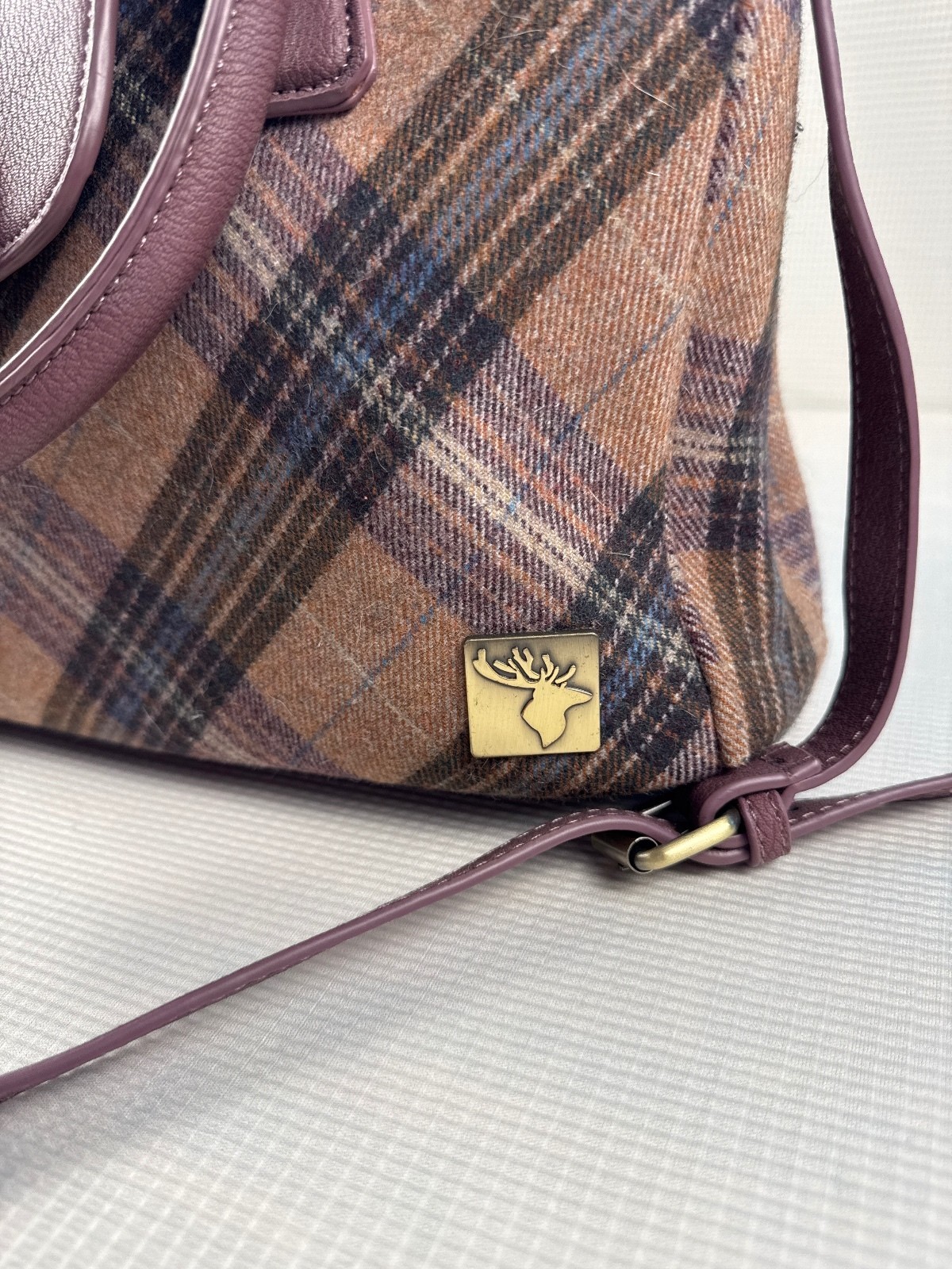 House of Tweed Brown Plaid Wool and Faux Leather Handbag