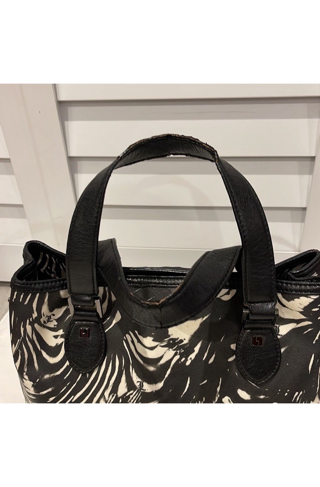 L.A.M.B. Black White Abstract Art Satchel Zip Top Double Handles Lined Pockets