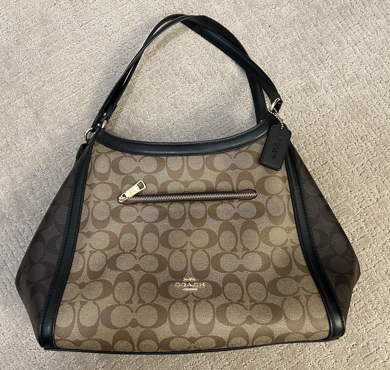 Coach Signature Canvas Hobo Shoulder Bag Brown/Black Leather Trim EUC