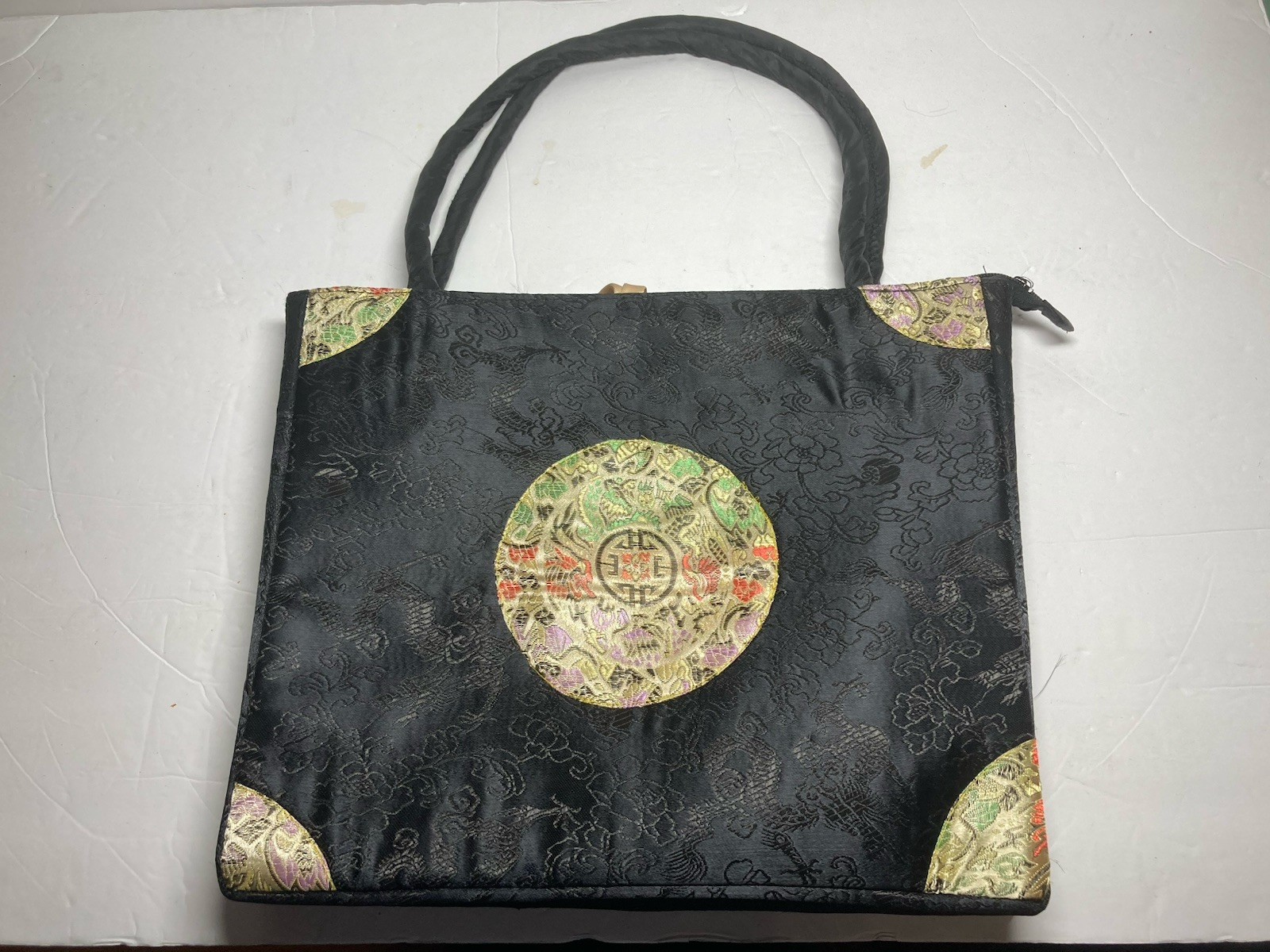 Womens Chinese Embroidered Black Silk Traditional Circular Motif Tote Bag