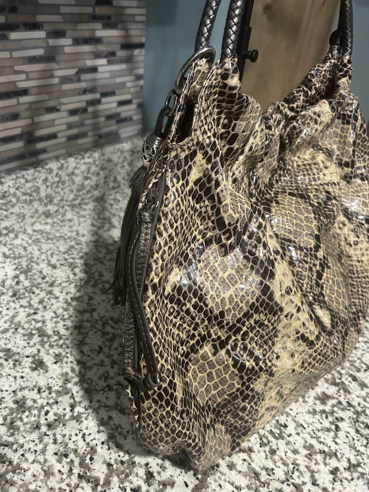 Brighton Brown Animal Print Hobo Shoulder Bag Braided Strap Tassel Charm