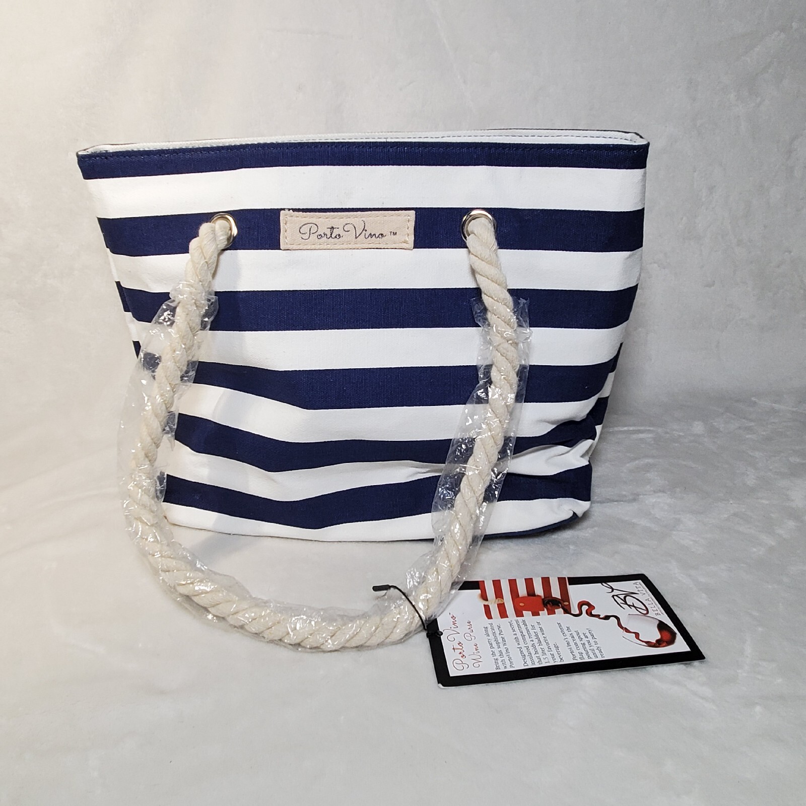 Porto Vino Beach Wine Bag Canvas Blue/White Stripes Holds 2 Bottles Of Wine NWT