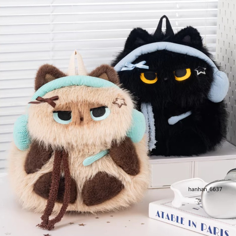 Cute Siamese Cat Soft Fuzzy Plush Backpack Crossbody Bag Anime Birthday Gift