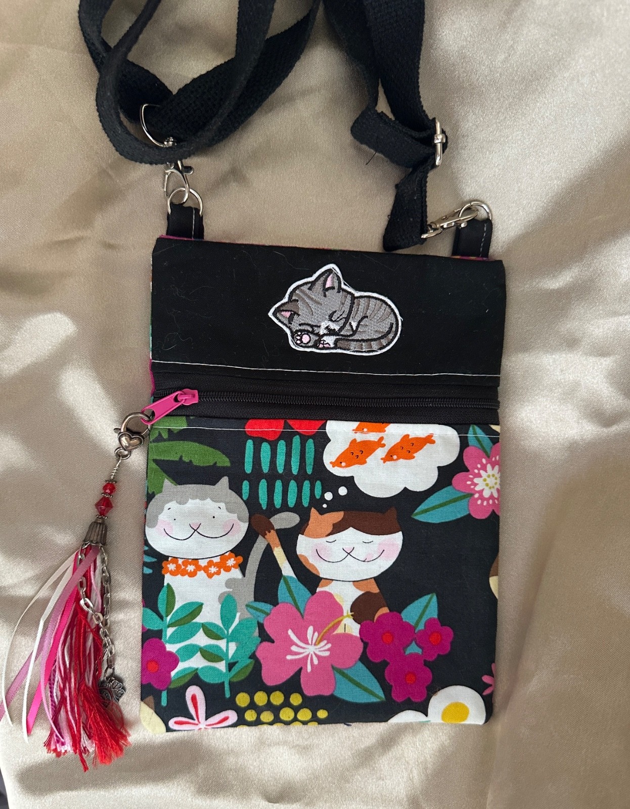 Small CROSSBODY cell phone bag, CAT, tassel, HANDMADE, gift, 8×6 in, black, pink