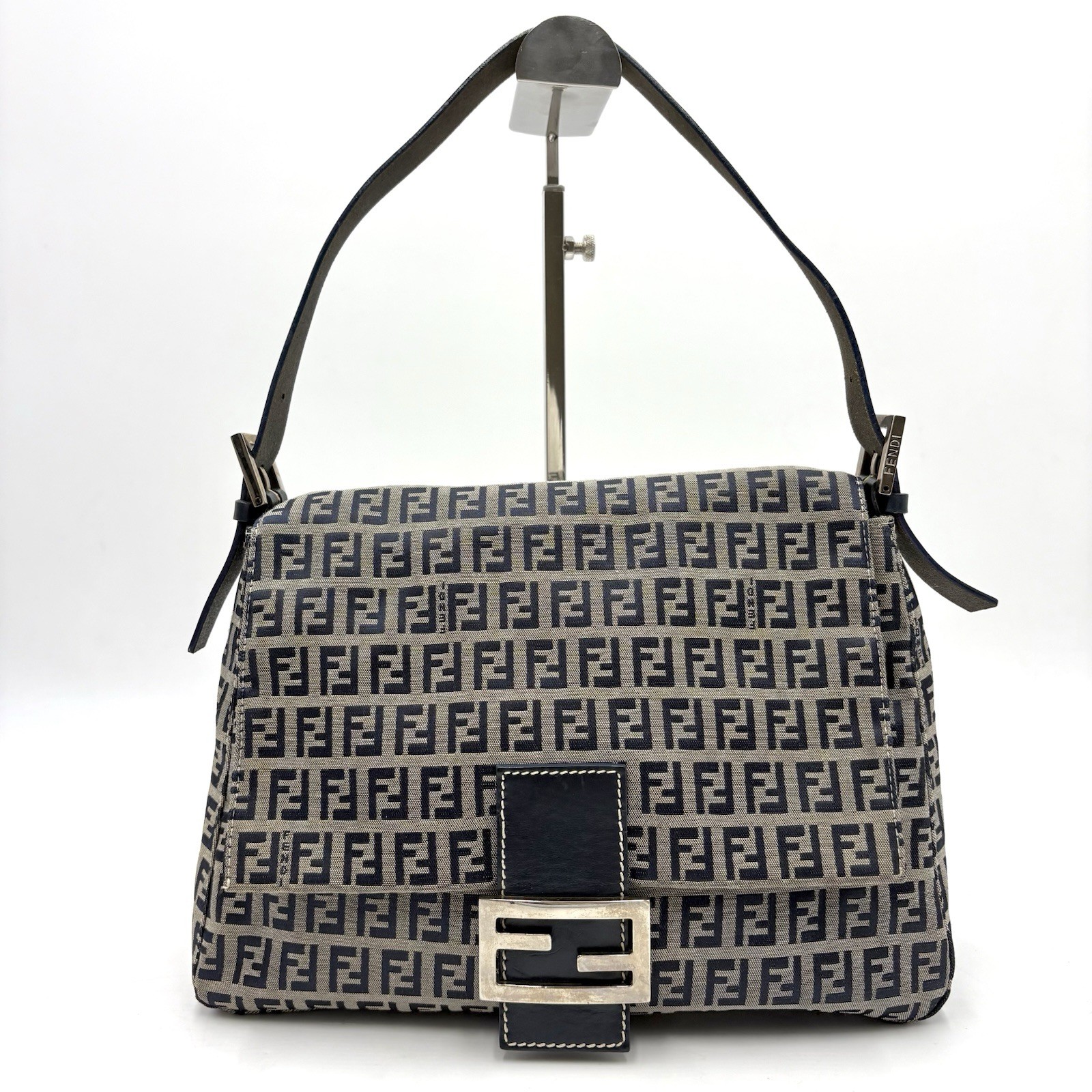 Auth FENDI Zucchino FF Logo Mamma Baguette Shoulder Bag Navy 2Y7411