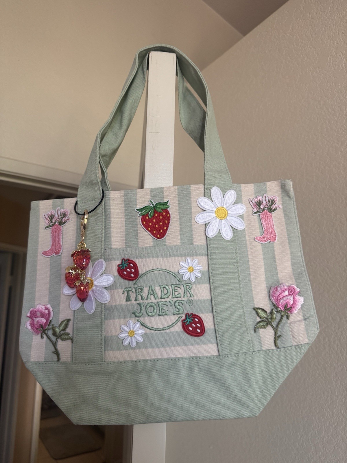 Trader Joe Custom Green Striped Mini Tote Country Strawberry Field