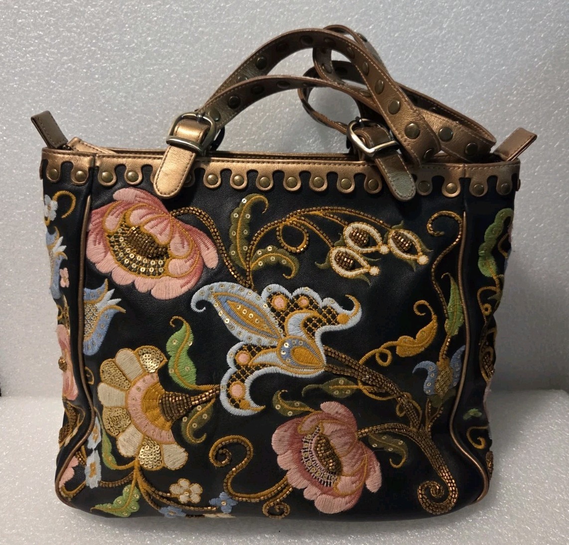 Isabella Fiore Black Suede/Genuine Tooled Rivets Leather Floral Designer Satchel