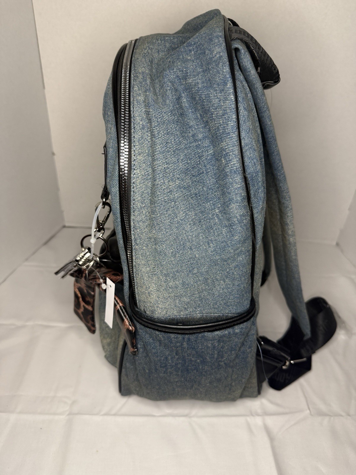 Steve Madden Womens Blue Backpack Denim Zip Outer Pockets Key Chain Silver