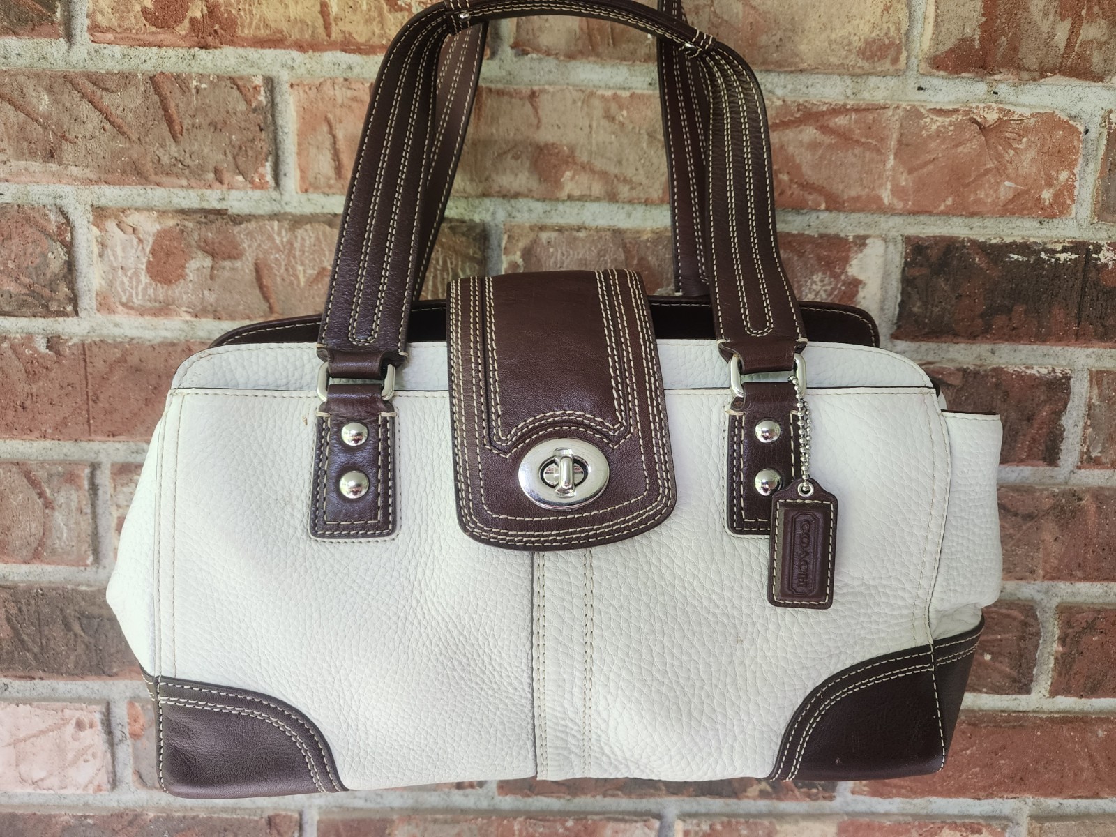 Coach Hamptons F13961 Ivory Pebbled Leather Satchel Brown Turnlock Shoulder Bag