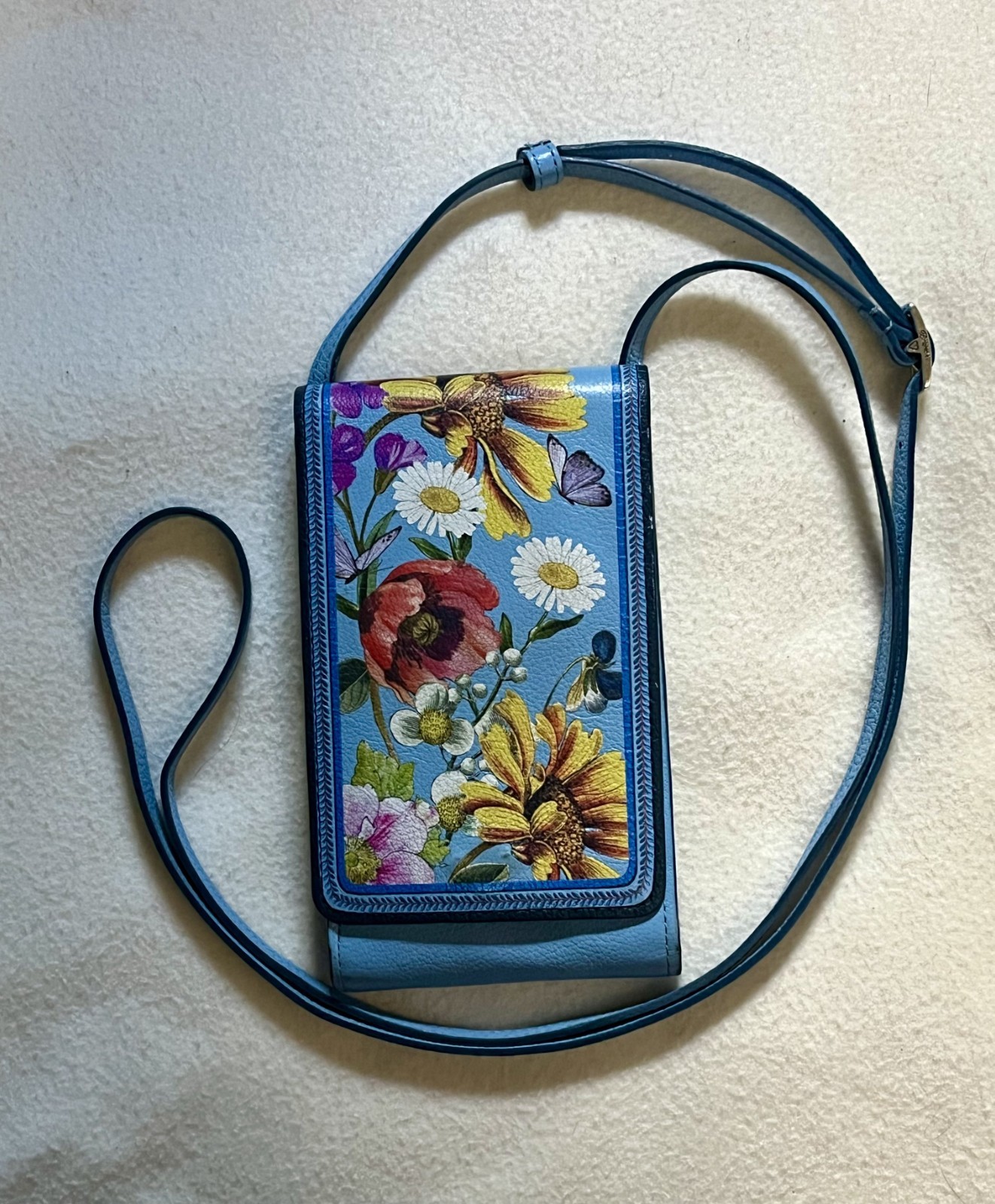 Brighton BLOSSOM HILL Sky Blue Floral Leather Crossbody Phone Organizer