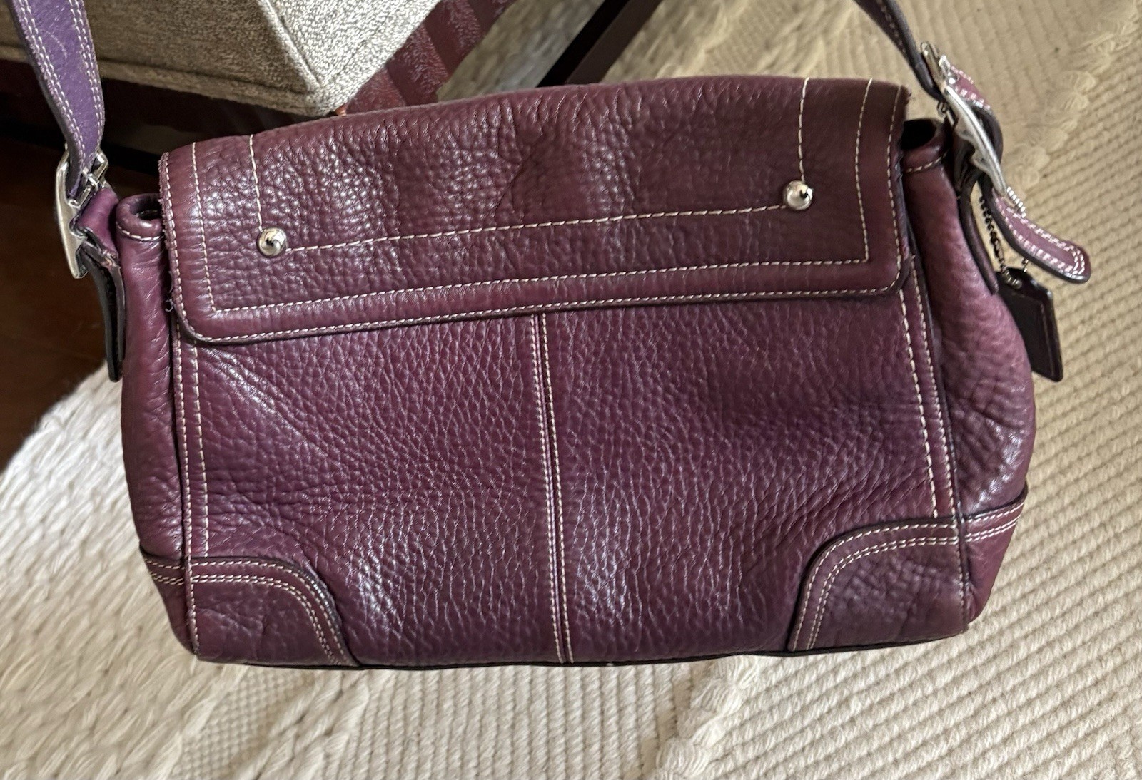 Coach Pebbled Burgundy Turn Lock Shoulder Bag w/ Detachable Strap, Silver