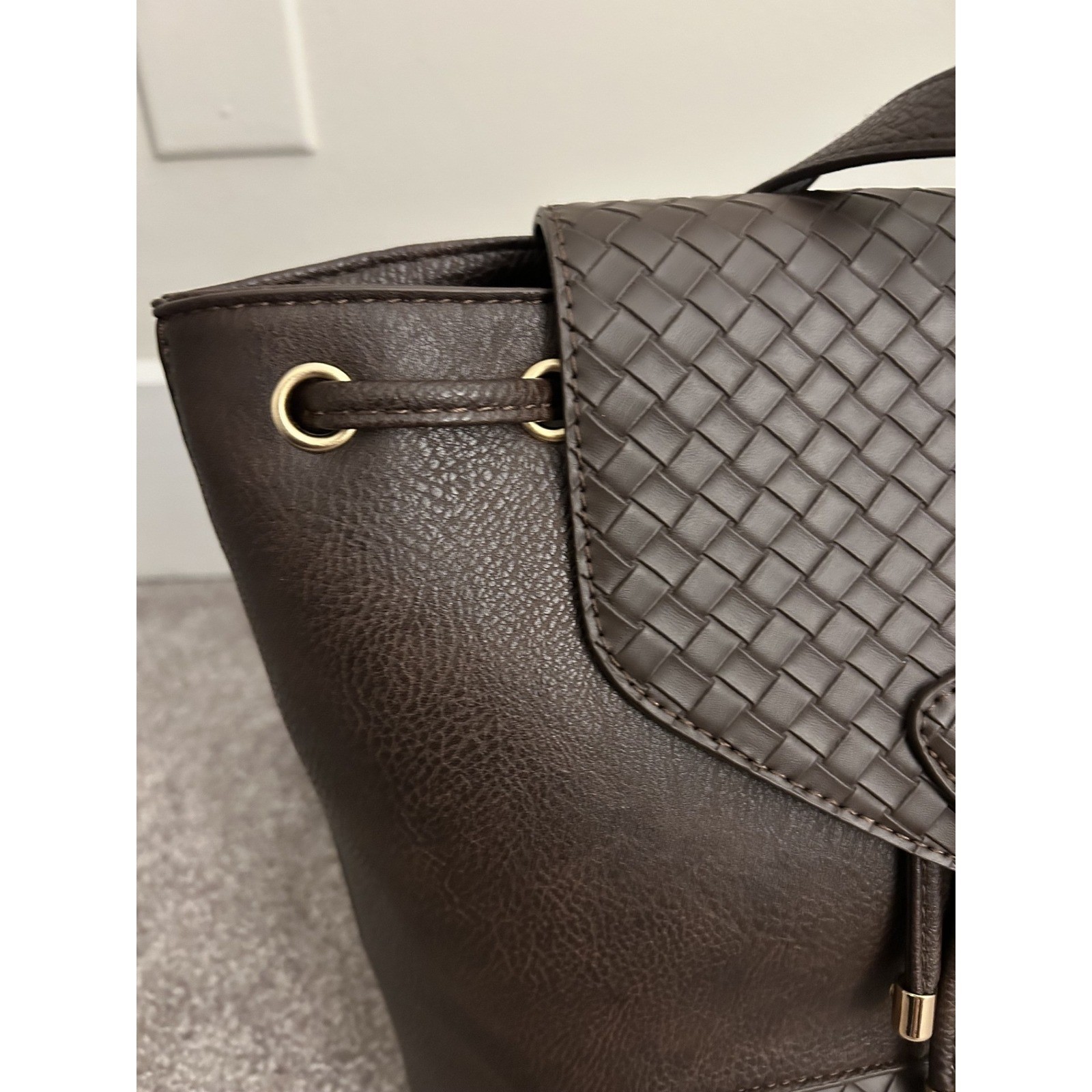 Catherine Malandrino Backpack Womens OS Brown New Woven Faux Leather Drawstring