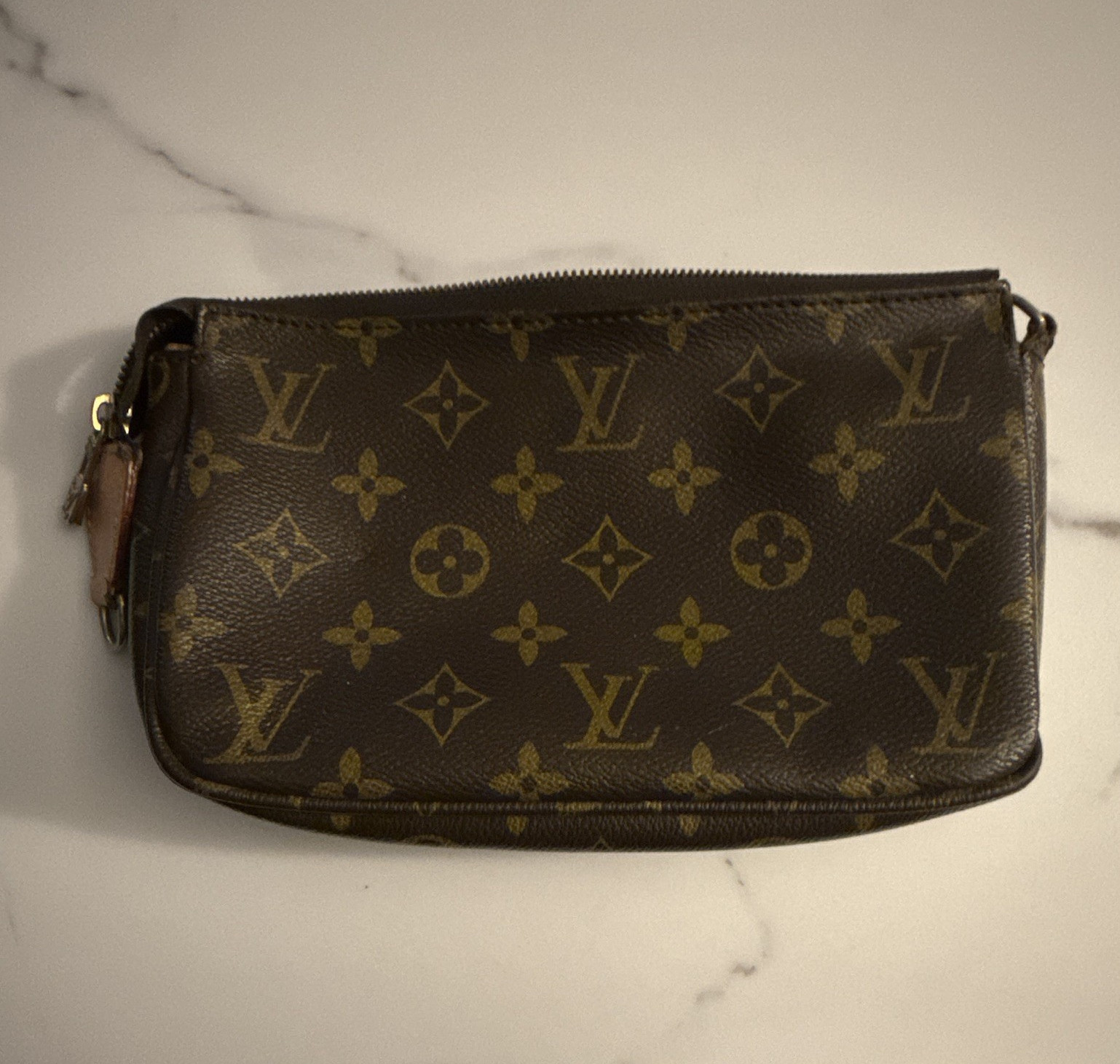 Louis Vuitton Monogram Zip Wrist Strap Clutch Pouch Brown Gold Hardware