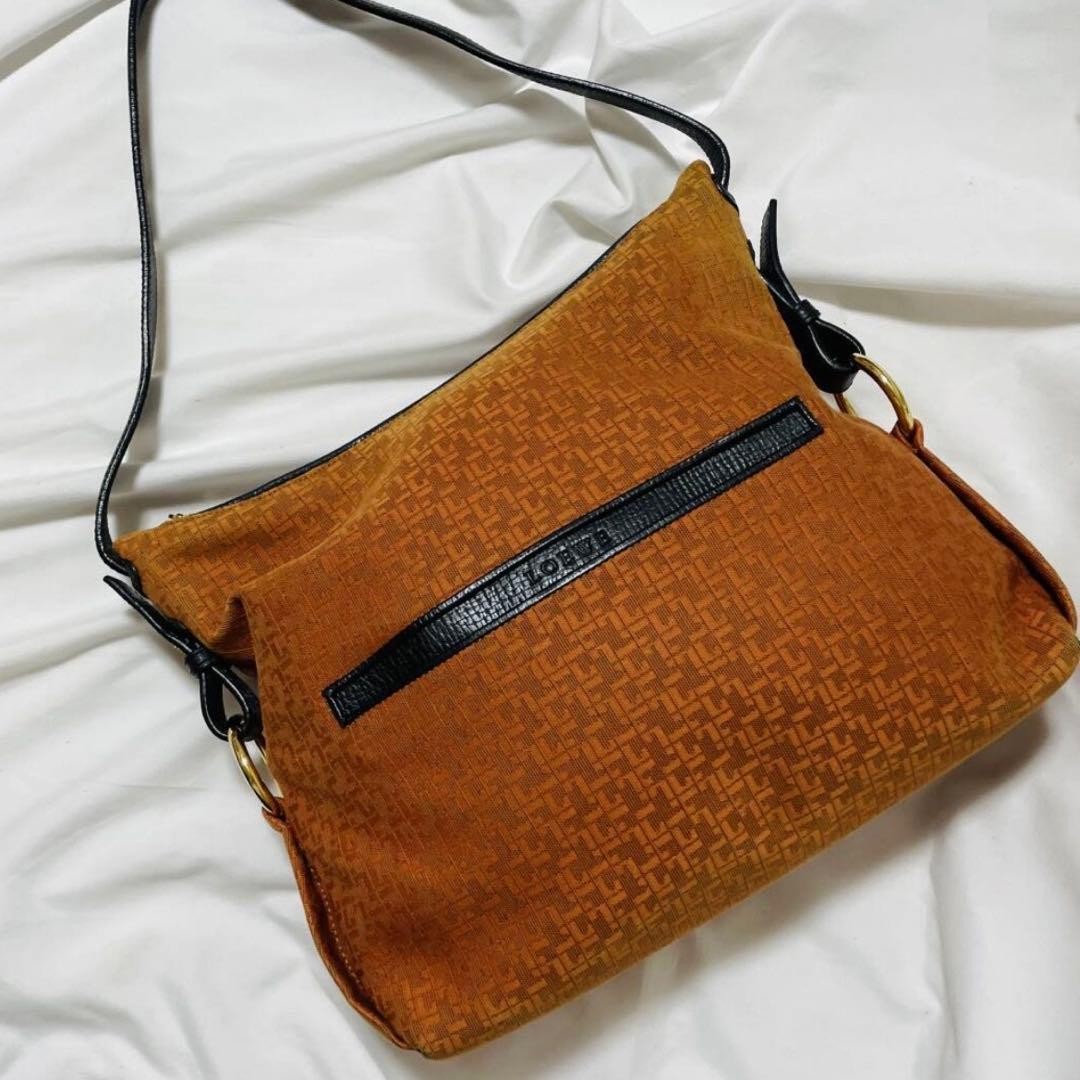 LOEWE shoulder bag, suede-like finish, all-over pattern, black and brown.