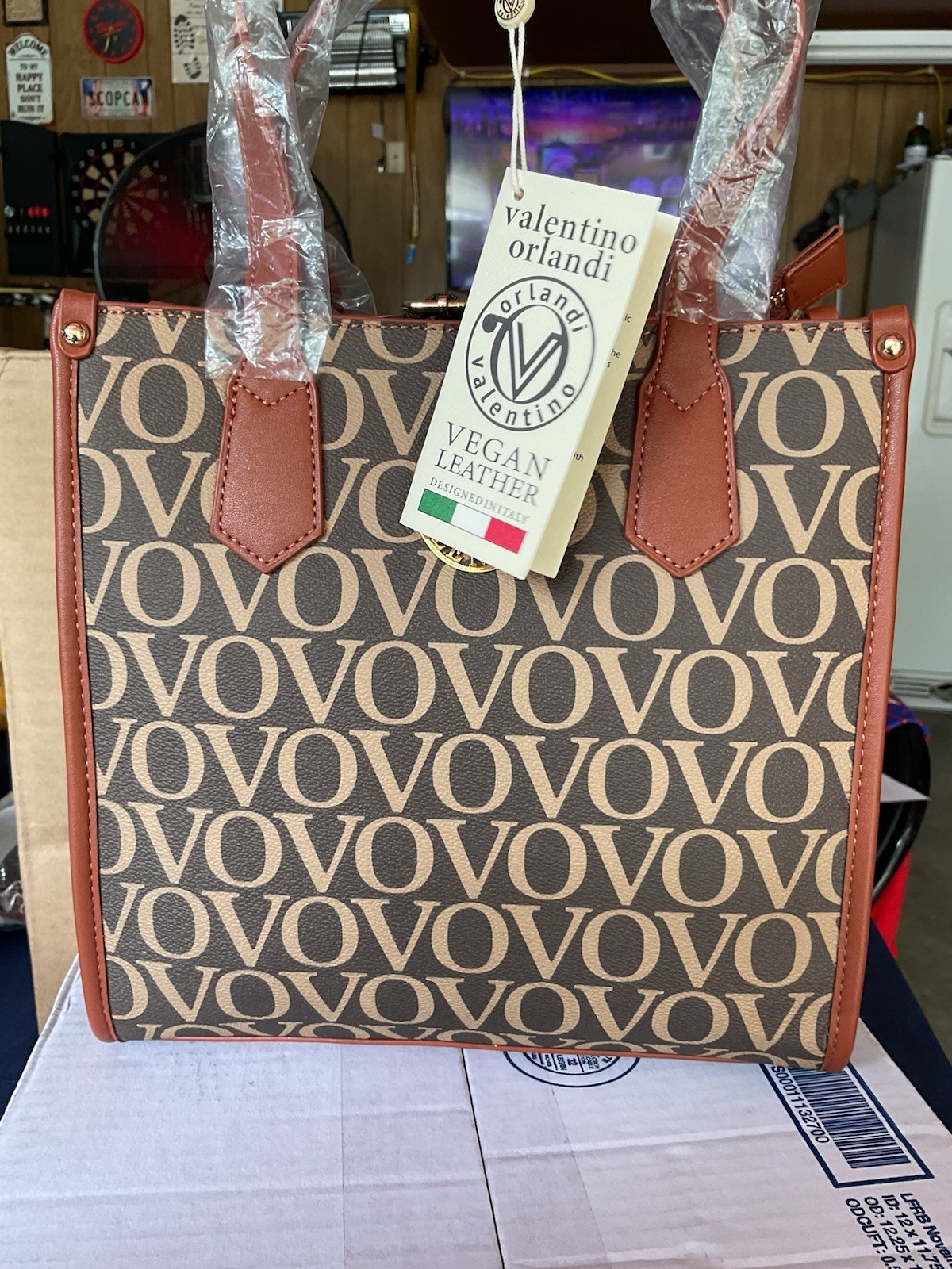 Valentino Orlandi Brown Tan Logo Satchel Top Handle Zip Gold Detachable Strap