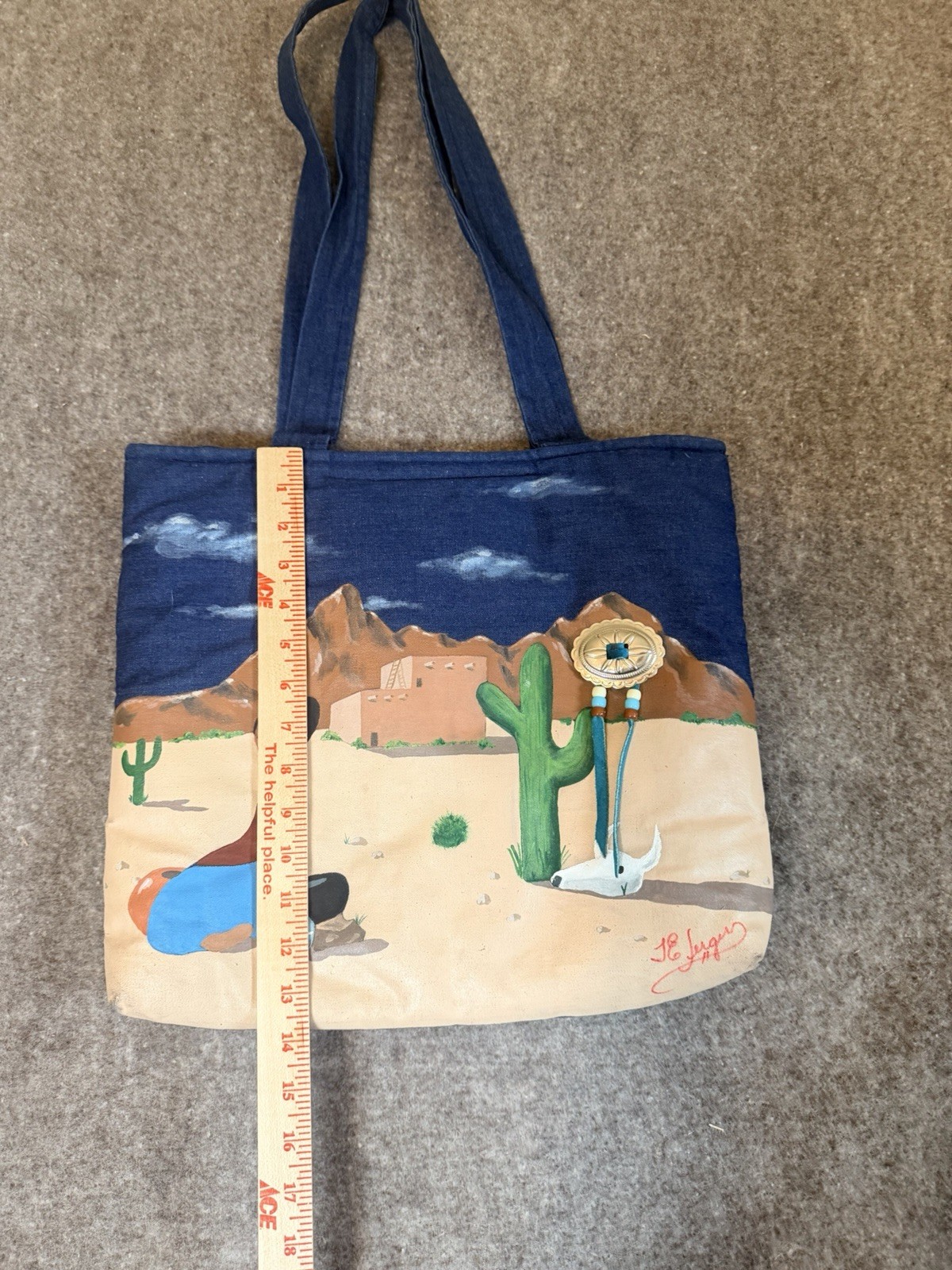 Vintage J.E. Jergens Hand Painted Tote Bag Signed Southwestern Concho Boho