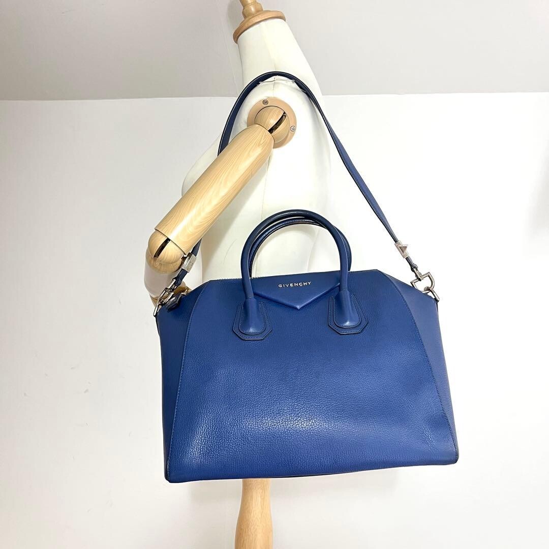 GIVENCHY Antigona Blue Leather 2Way Shoulder Handbag Large Auth