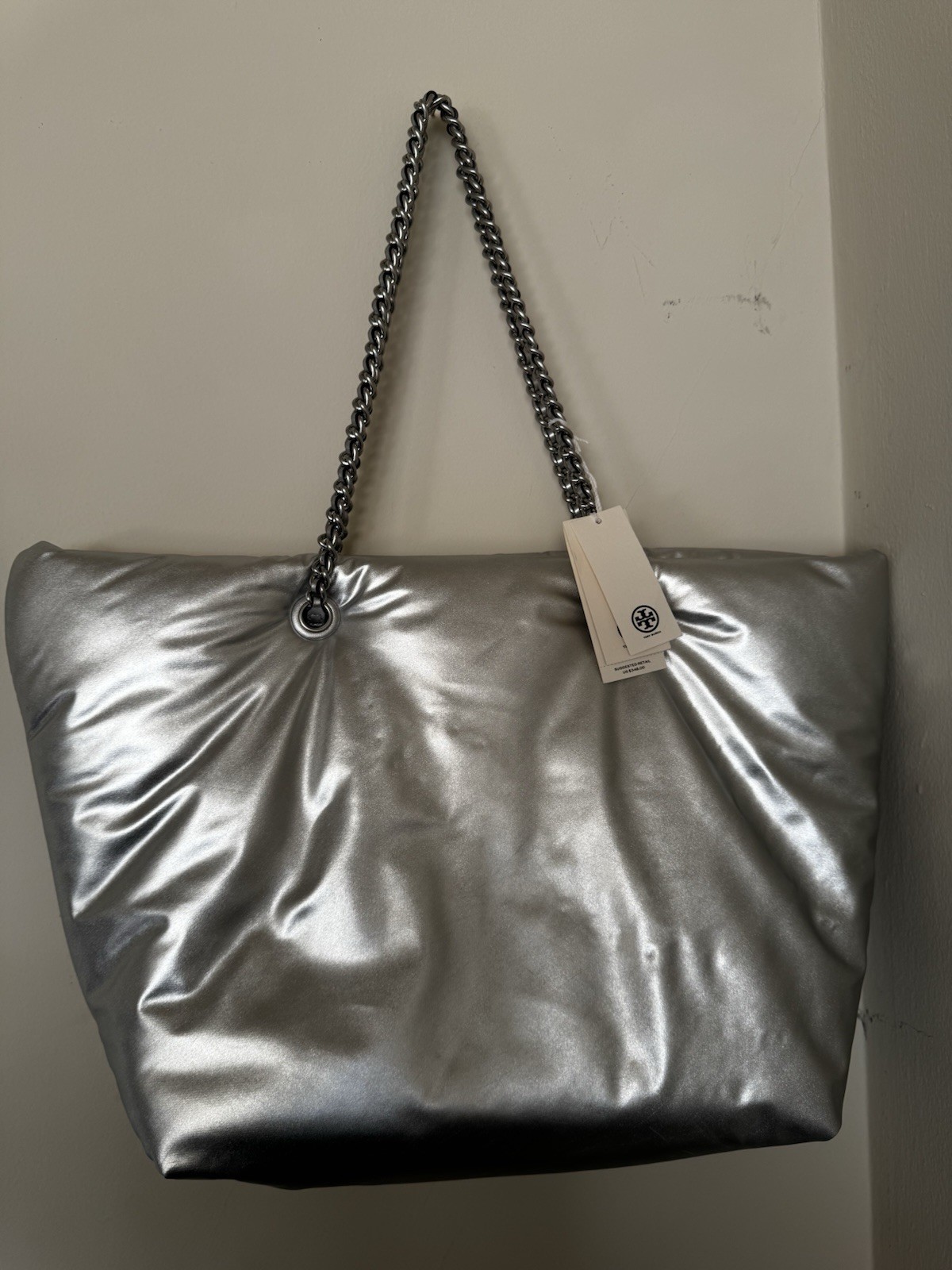 Tory Burch Metallic Silver Ella Puffer Tote Bag