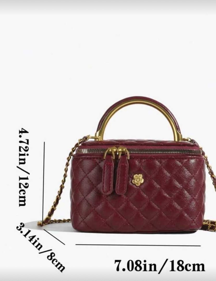 New Mini Burgundy Quilted Box Bag – Purse Handbag w/Gold Zipper & Accents