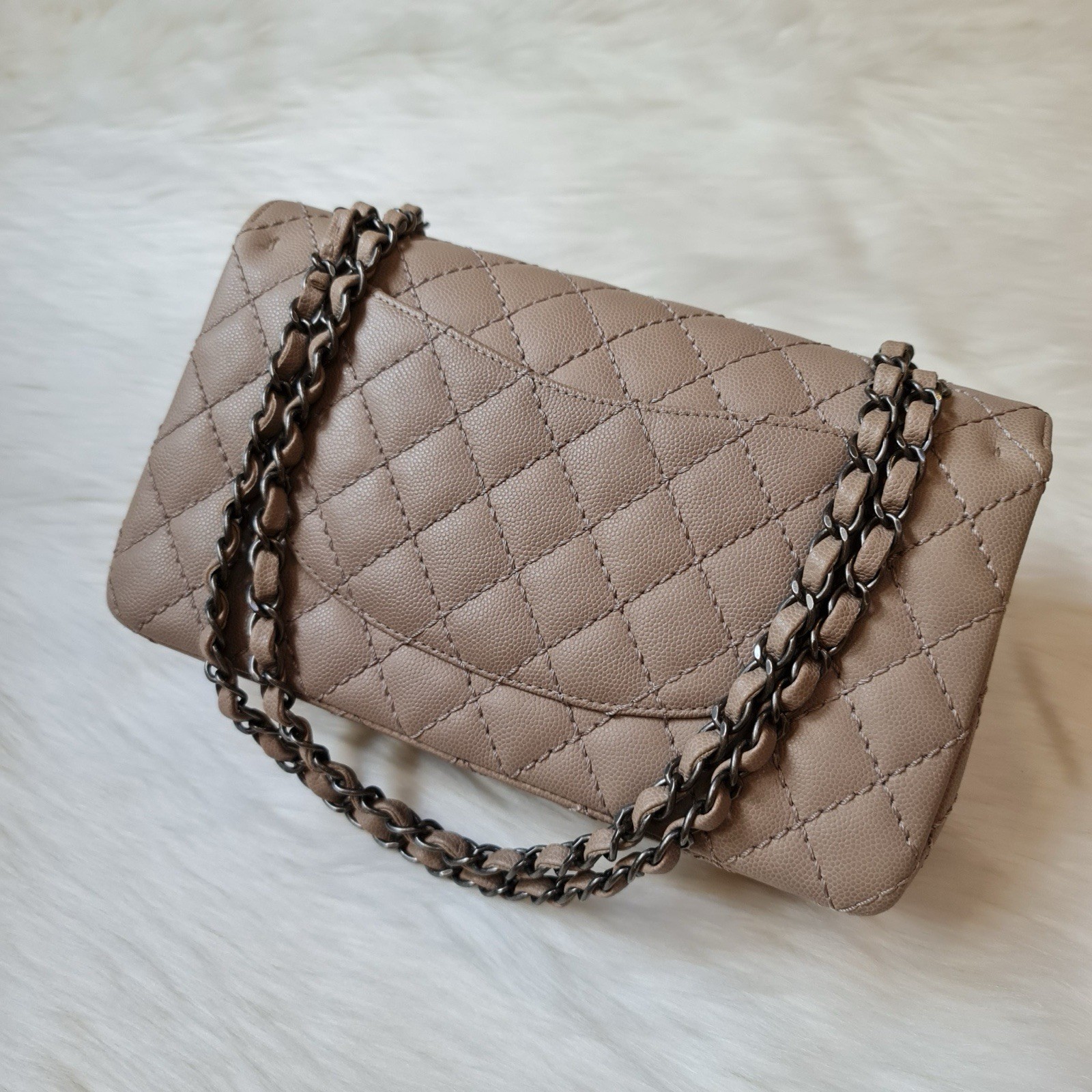 Chanel Classic Medium Double Flap Bag Beige Caviar Ruthenium Hardware 2017