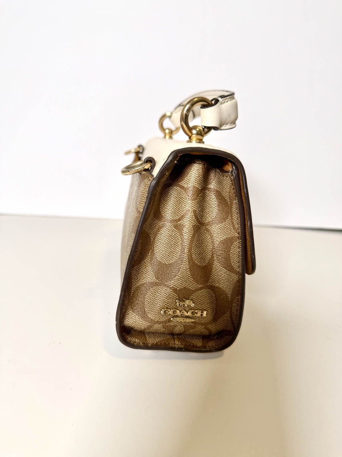 Coach Brown Monogram Satchel Top Handle Bag Turn Lock Gold Hardware Strap