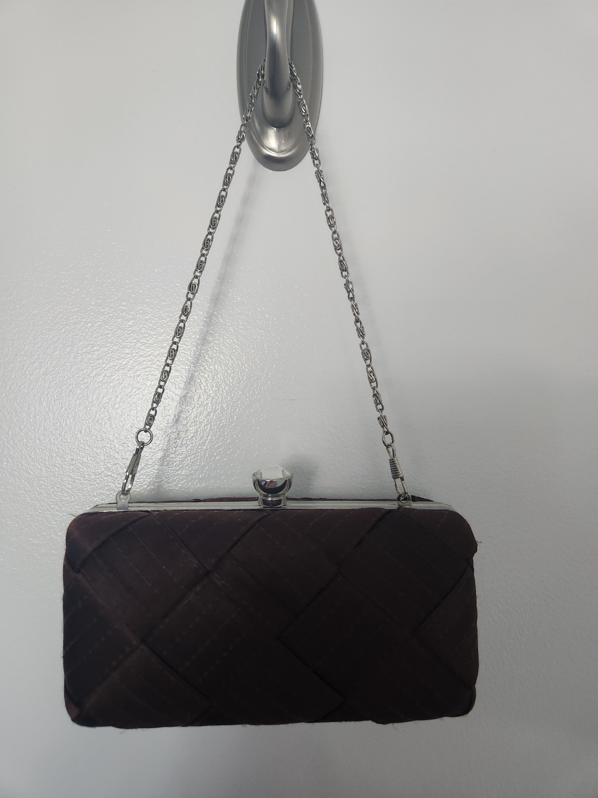 Brown Hard Case Clutch Silver Chain Strap, Clasp