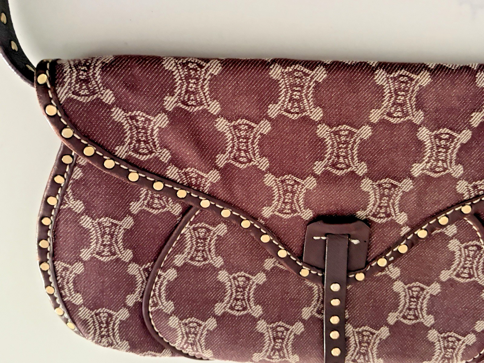 Celine Poulbot Triomphe Denim Studded Shoulder Bag Bordeaux Vintage Macadam Y2K