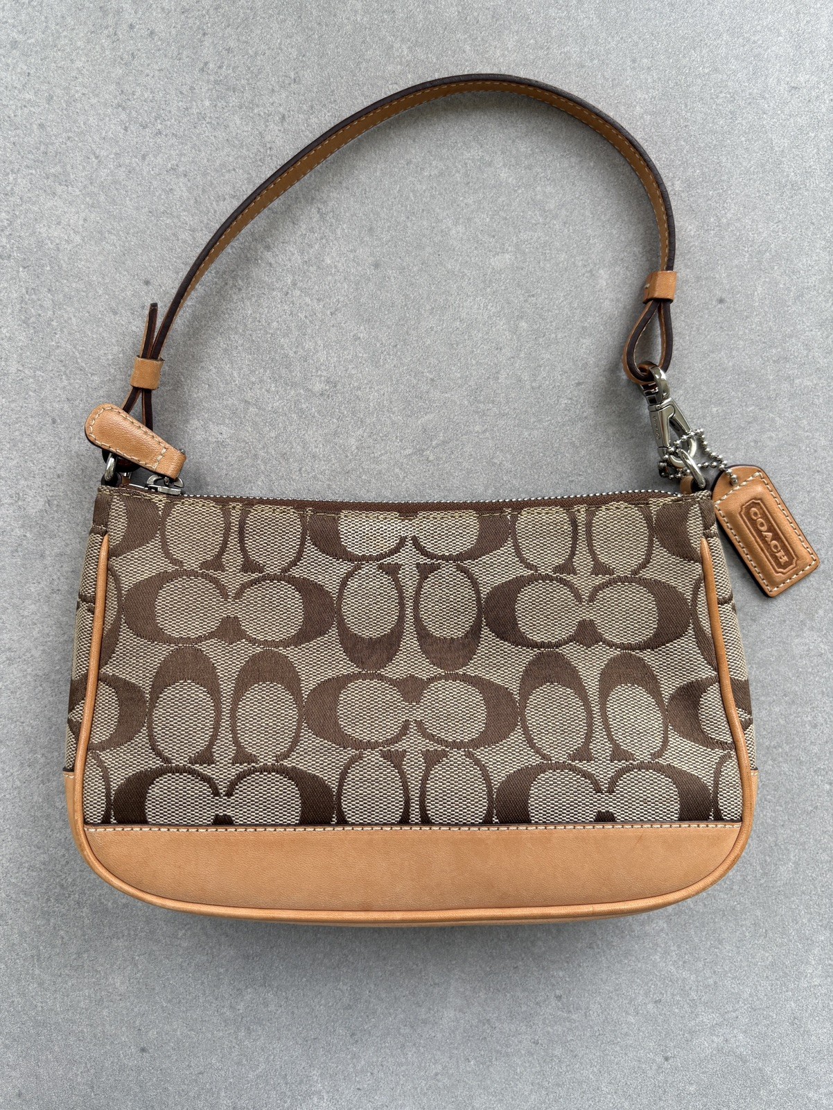Coach Signature Demi Pouch shoulder Bag Canvas Leather Beige 6094 excellent cond