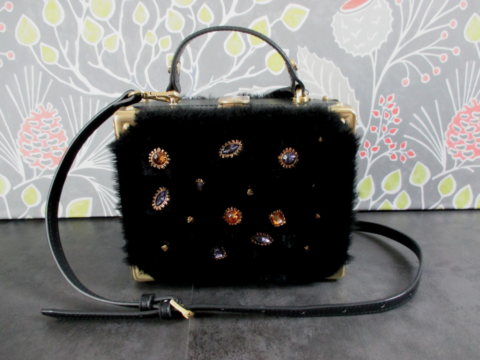 Sam Edelman Carressa Hard Case Frame Crossbody Bag Faux Fur Jewels Black Purse