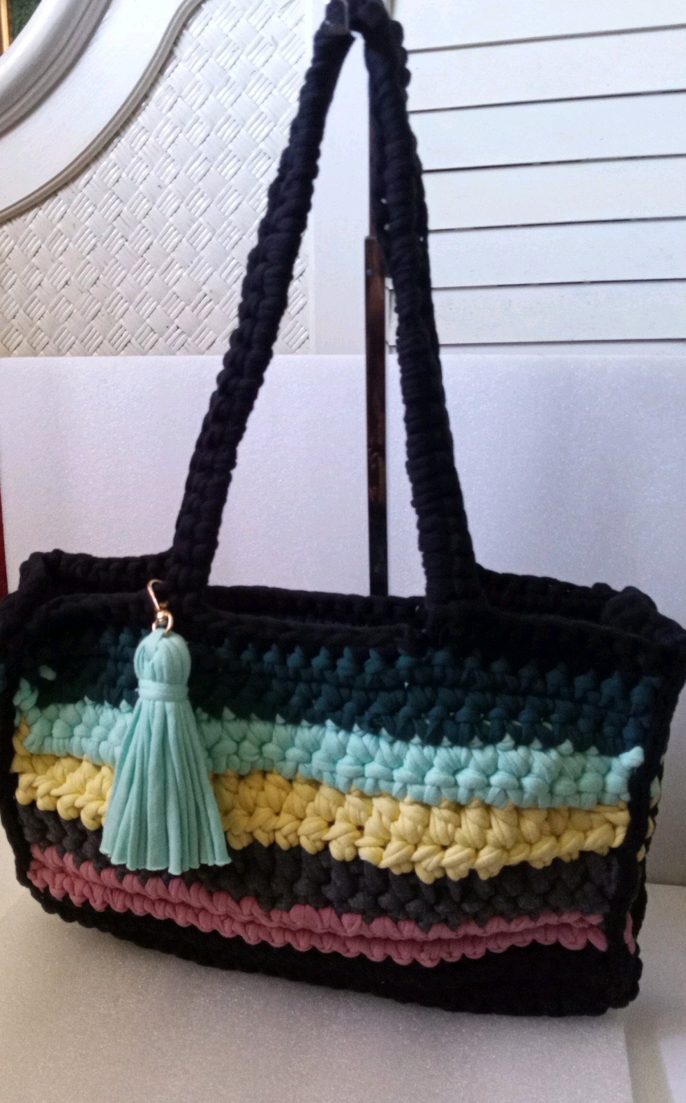 Beautiful Dark Blue Rowed Multicolor Handmade*Crocheted Tassel Accented Hand Bag