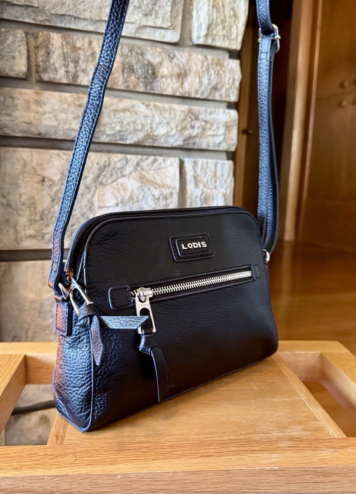 Lodis Pebbled Leather Crossbody Bag Charlotte Purse Navy Classic Designer